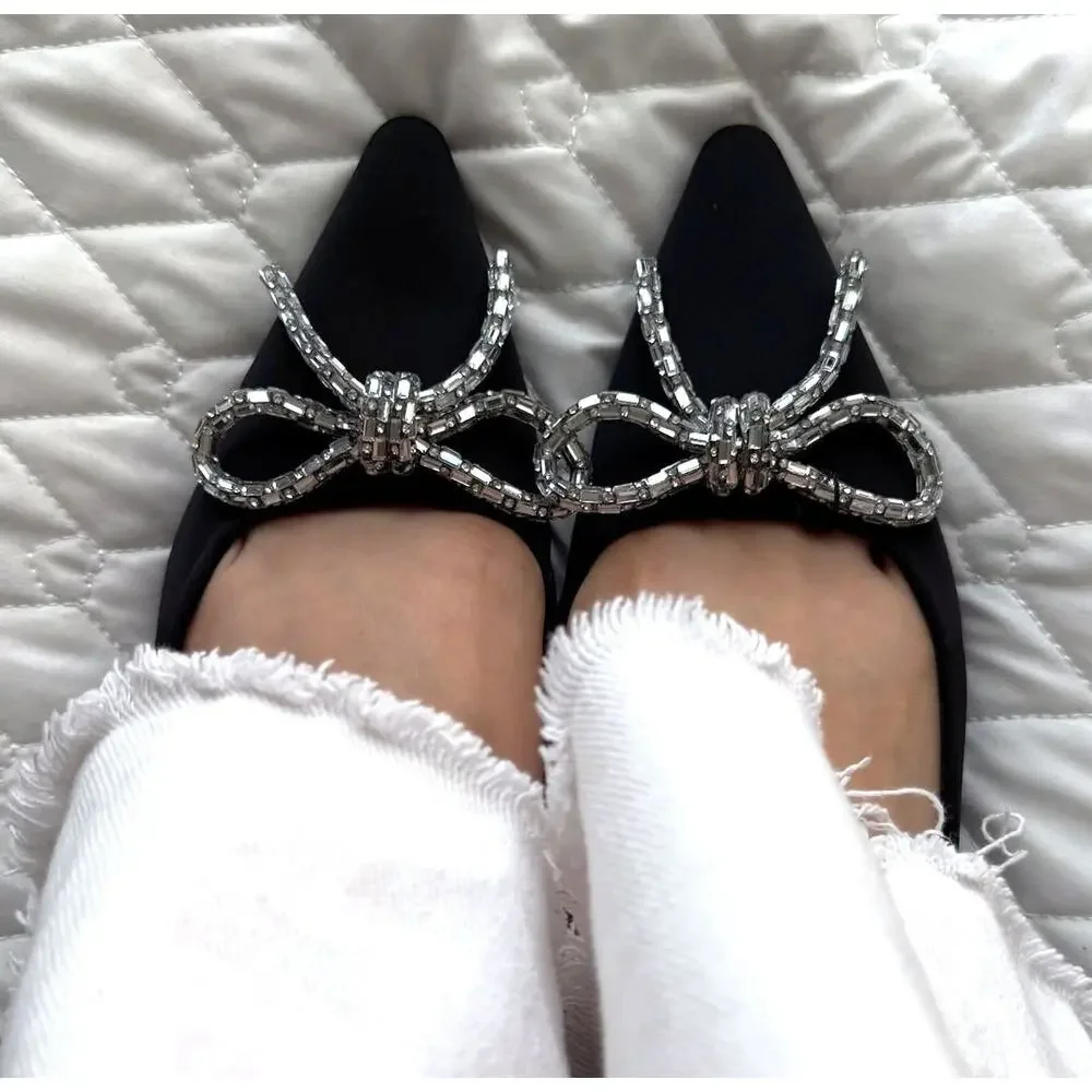 ZARA Rhinestone Bow Pointed Toe Ballet Flats NWT Black Size 7.5